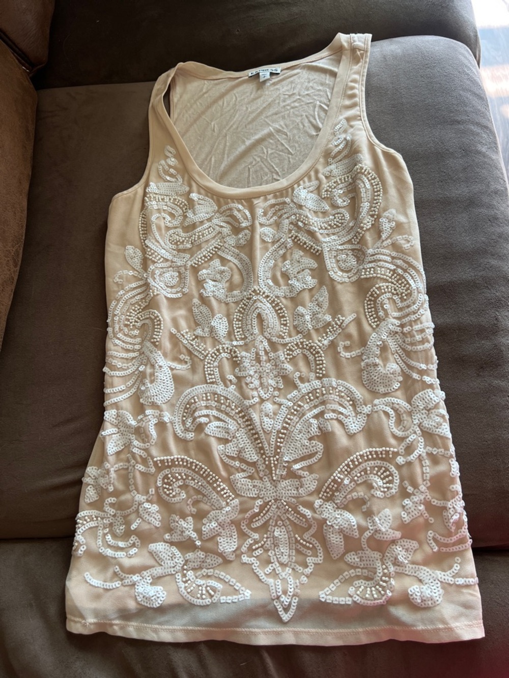 Express Nude-Beige Tank Top with White Sequin Detailing